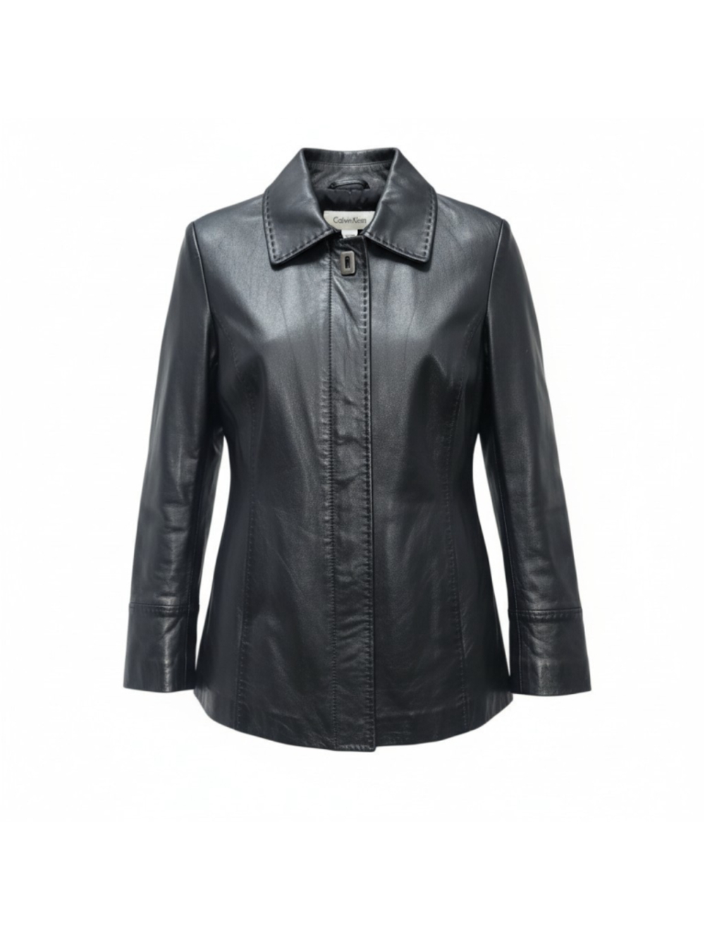 Calvin Klein Women Black Tailored Stitching Full-Zip/Snap Leather Jacket Sz. PP